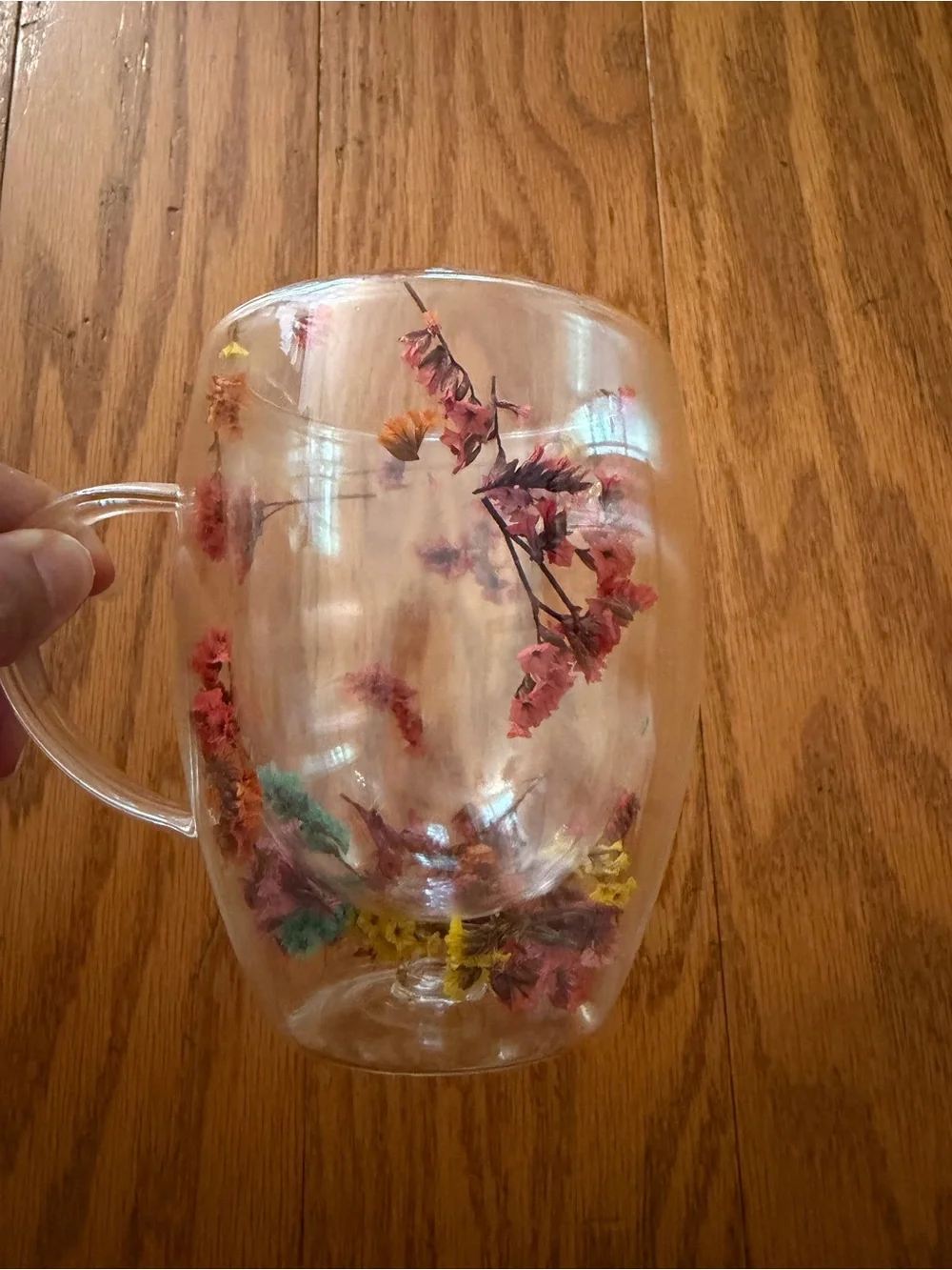 Clear Acrylic Decorative Mug Cup with Pink Floral Accents Dried Flowers
